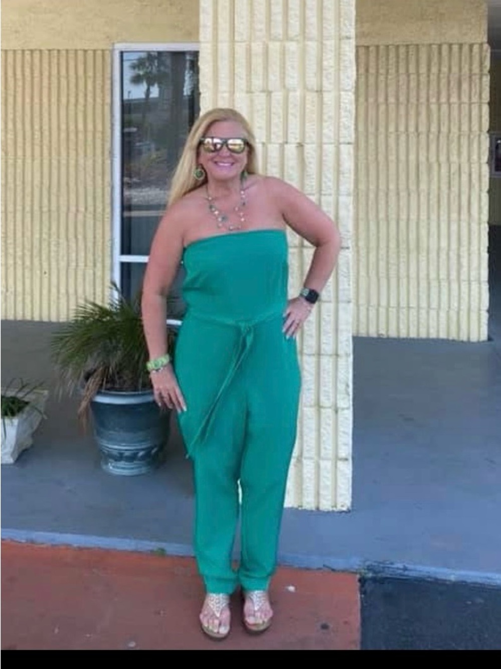 Strapless Green Jumpsuit with Tie Waist